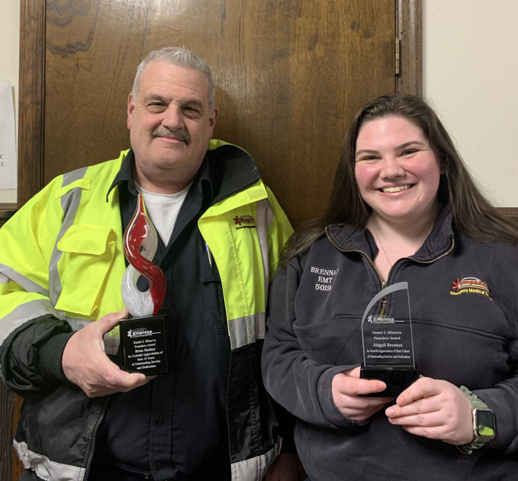 Brian Madsen + Abby Brennan with service awards - cropped