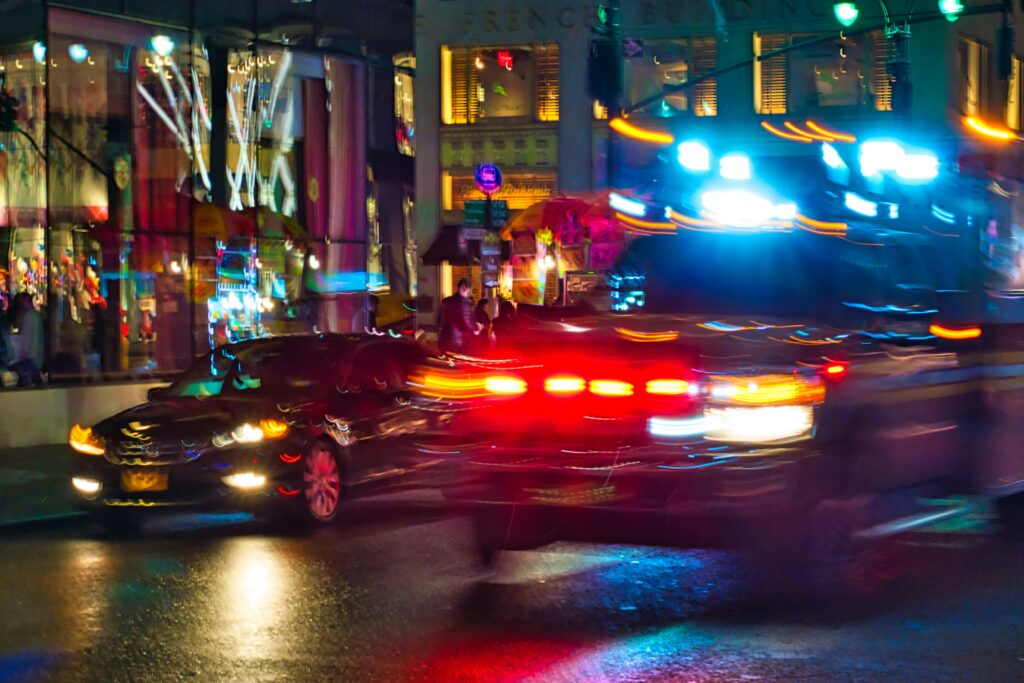An emergency vehicle responds to a call.
